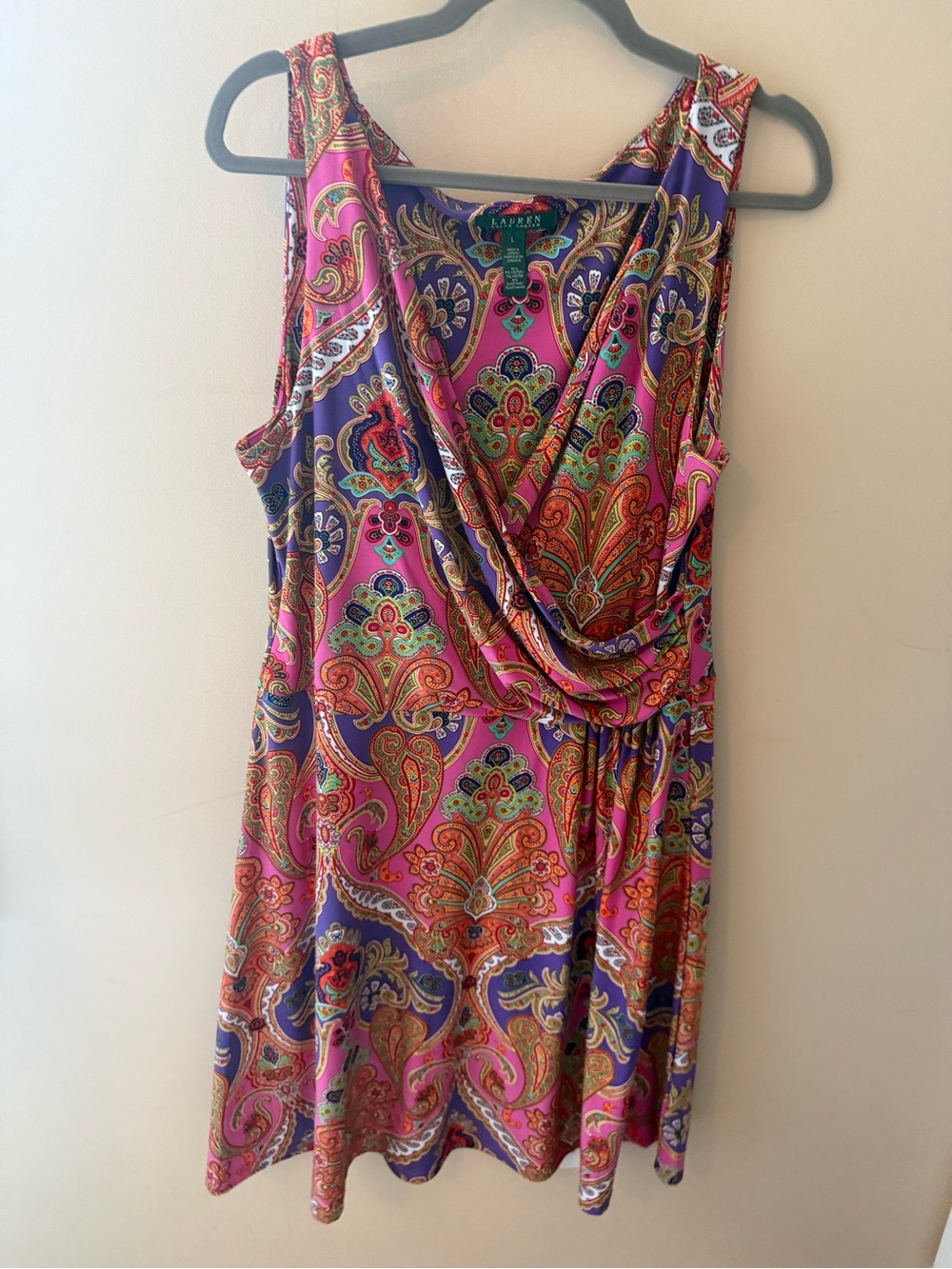 Lauren Ralph Lauren Faux Wrap drape paisley jersey knit Dress size L